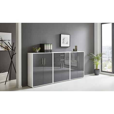 BMG Möbel abschließbare Regalwand/Schrankwand, Office Edition Set 15, weiß / anthrazit
