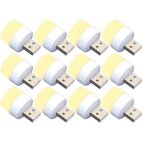 Lot de 10 mini ampoules LED USB de nuit, sans capteur de lumière, blanc chaud, compactes, idéales pour chambre à coucher, salle de bain, cuisine