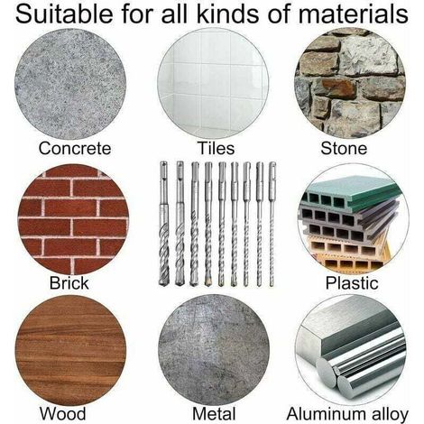 Coffret de mèches et burins SDS-Plus – Lot de 9 forets pour béton, pierre, céramique – Tête en carbure de tungstène – Pour perceuse à percussion (1/3)