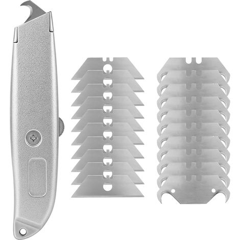 Cutter Professionnel Set, couteau à crochet aluminium avec 10 lames trapèze, et 10 lames crochet, outil de découpe pour moquette PVC carton, toiture sols bricolage (1/5)
