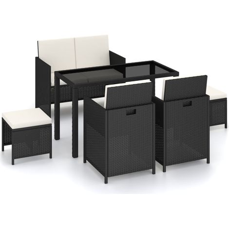 Set comedor de jardín 6 piezas y cojines ratán sintético negro vidaXL