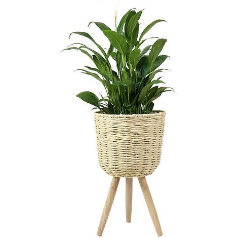 Panier de rangement tressé au sol avec pieds en bois, support pour pot de fleurs (1/4)