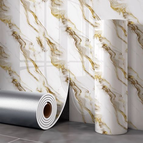 JSSEVN - Rollo de papel pintado autoadhesivo imitación mármol, 2,0 mm de grosor, resistente al aceite, impermeable, color Golden Clouds. (1/5)