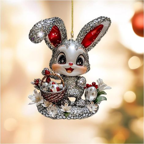 Lapin De Pâques - Décoration Arbre À Pâques En Acrylique 2D Avec Panier D'Œufs - 7,4 x 8 cm - Lot De 1 Pièce (1/5)