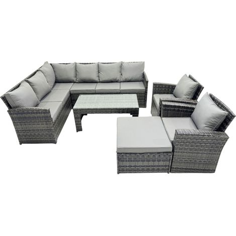 Fimous 9 Seat Poly Rattan Outdoor Patio Oblong Coffee Table Corner Sofa Set with Big Stool 2 Chairs for Garden Backyard Dark Grey Mixed (1/5)