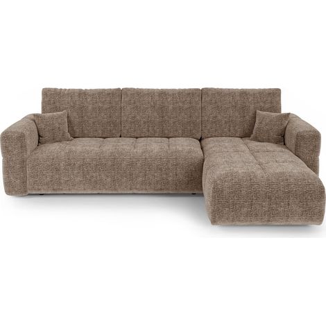 Canapé d'angle droit convertible avec coffre 4 places en tissu tramé toucher doux marron VIBE (1/5)