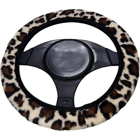 Coprivolante in peluche con stampa leopardata in stile invernale per volanti auto con diametro di 38 cm. Peluche senza anello interno, in microfibra, universale, bianco. (1/5)