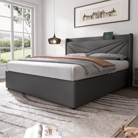 Cama doble tapizada con almacenaje USB Tipo C gris OKMYHOME (1/5)
