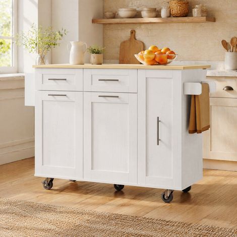 Isla de cocina 110 x 46 x 90,5 cm blanca con tablero abatible y gran almacenaje (1/5)