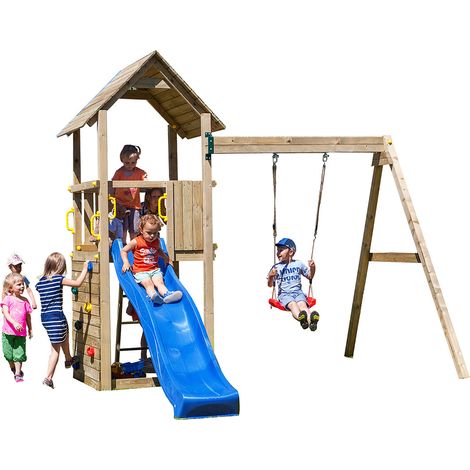Carol Adventure Peaks Fortress 2 with Blue Slide - Outdoor Play Set - Pressure Treated Wood - L345.3 x W193.5 x H210 cm (1/5)