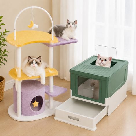 Ensemble de mobilier pour chat (2 pièces) – Bac à litière pliable et arbre à chat « Moon Platform » de 158 cm (1/5)