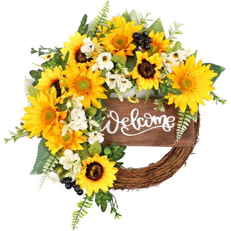 Wreath - 40 Cm - Faux Sunflower And Green Leaves - Wooden Base - Indoor Outdoor Home Decor - 1 Piece (1/5)