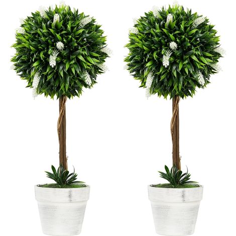 Set of 2 Decorative Artificial Plants Ball Trees with Flower for Home Indoor Outdoor Decor, 60cm ,White