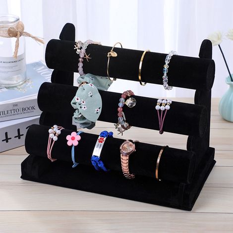 Étagère à bijoux en velours, 3 niveaux, support pour montres, bracelets, colliers, présentoir à bijoux noir (1/5)