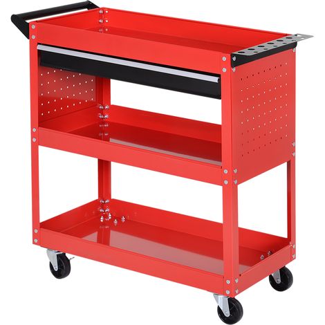 Coffre à outils, chariot à outils, boîte à outils, 3 niveaux, 4 roues, 82 cm x 35 cm x 76 cm, rouge (1/5)