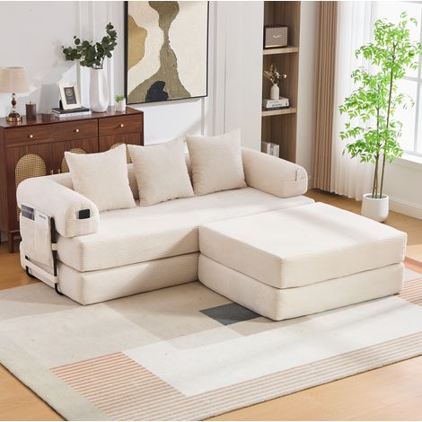Divano modulare 200x190x67 cm in corda beige con pouf, 3 cuscini e tasca laterale (1/5)