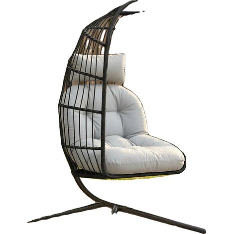 Silla colgante tipo huevo, estructura metálica, altura regulable, gris oscuro. (1/5)