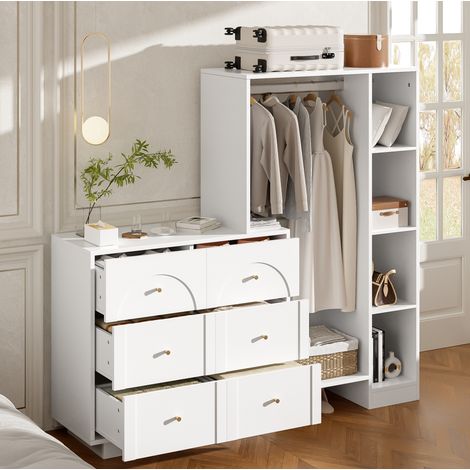 Armario multifunción (139x35x133 cm), con barra para colgar, 6 cajones y estantes laterales, tablero de partículas, blanco (1/5)