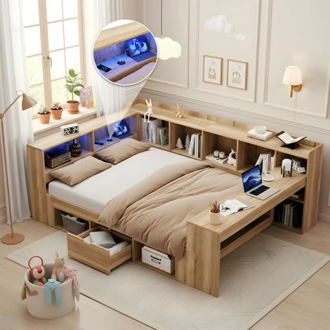 Lit enfant 140/200 cm naturel en MDF avec rangements, éclairage et bureau (1/5)