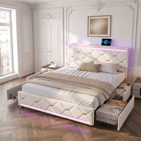 Lit 140x190 avec Sommier à lattes, 4 tiroirs de rangement, LED réglables et Port USB, velours, Beige (1/5)