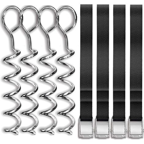 Lot de 4 ancrages au sol pour trampoline, pièces de trampoline robustes en forme de tire-bouchon, ensemble d'ancrage au sol avec sangle réglable et boucle en métal, piquets de vent pour trampoline gal (1/5)
