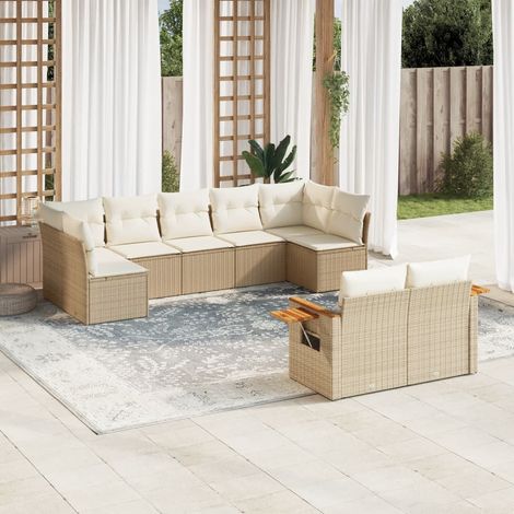 Gartenmöbelset mit Kissen 9-teilig beige geflochtene Kunststoffe (1/5)