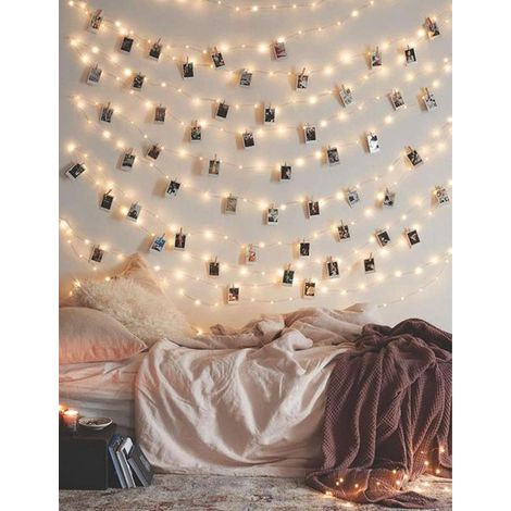 Guirlande lumineuse à pinces photo - 50 LED féériques avec 50 pinces transparentes pour accrocher des photos, guirlande lumineuse avec pinces - Décoration murale idéale pour une chambre d'étudiant ou  (1/5)