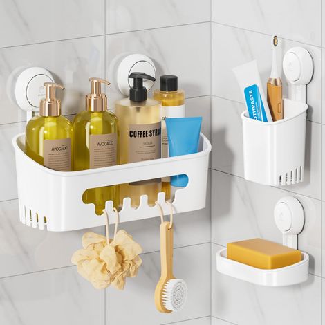 Support de douche à ventouse, porte-savon et porte-brosse à dents amovible sans perçage - Organiseur de salle de bain puissant et étanche pour salle de bain et cuisine - Blanc (1/5)
