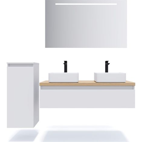 Meuble de salle de bain suspendu 2 vasques à poser 120cm 1 tiroir Blanc + miroir + colonne ouverture gauche - Hudson (1/5)
