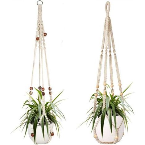 Deux paniers suspendus en corde de coton blanc pour plantes d'intérieur, de 98 cm chacun, ornés de perles en bois. Crochets non inclus. (1/4)