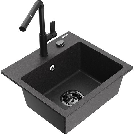 Mexen Milo lavello in granito 1-vasca con rubinetto da cucina Flora, nero maculato - 6505-76-670401-70-B (1/5)