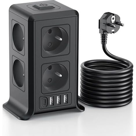 Multiprise Interrupteur Françaises Tour Multiple AC USB 1 USB C Rallonge Electrique Multi Prise Electrique Maison 3680W Noir (1/3)