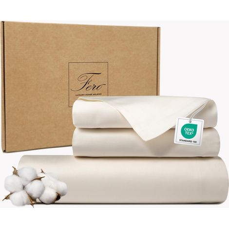 Housse de Couette 200x200 Coton, 2 Taie d'oreiller 50x75 cm, Parure de Lit Satin 300 TC, Protéine de Soie, Longues Fibres, Design, Couleur Unie, Parures de Lit Ivoire Blanc (1/5)