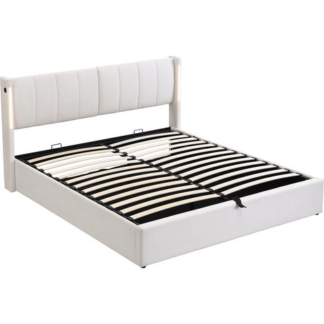 Cama con arcón LED 160 x 200 cm en PU blanco con USB y cabecero regulable (1/5)