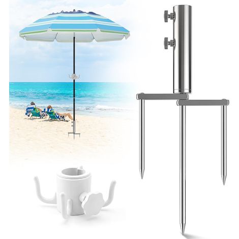 Piquet de parasol avec piquet en acier inoxydable, support de parasol amovible avec ancrage au sol à 3 pointes, pour jardin, plage, pelouse, sable, camping et pêche (1/5)