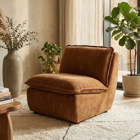Fauteuil lounge 100x82x83 cm en velours camel et bois d'hévéa