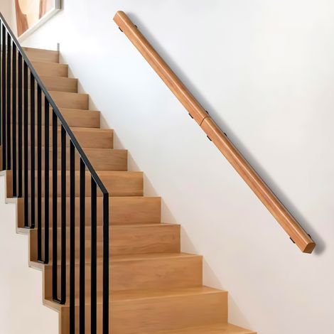 Jiubiaz Corrimano a parete semicircolare in pino massello, 150 cm in 2 pezzi, noce chiaro, con supporti e kit di fissaggio (1/5)