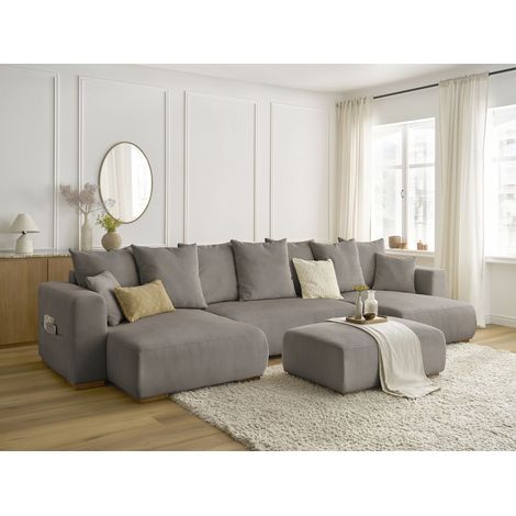 BOBOCHIC - Canapé panoramique convertible réversible coffre SIDONIE velours côtelé avec pouf   Taupe (1/5)