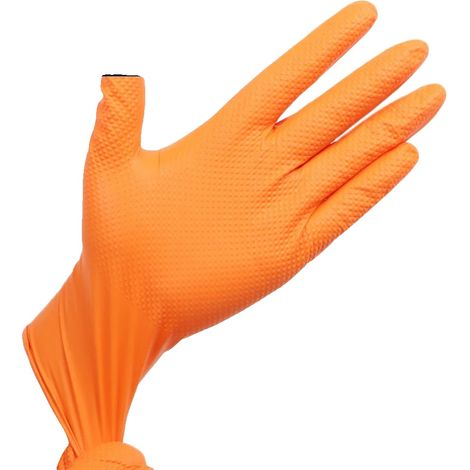 Guanti monouso in nitrile, con impugnatura testurizzata, elevata protezione, taglia XL-A, colore arancione - 30 pezzi (1/2)