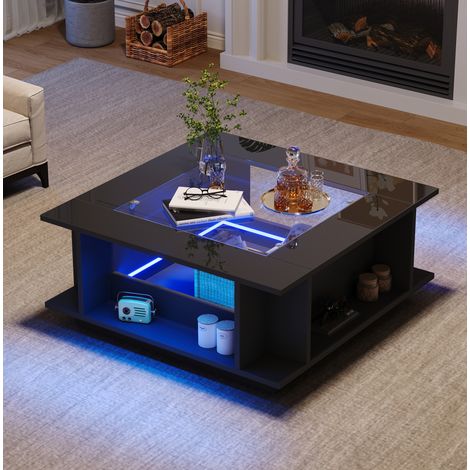 Mesa de centro 70x70x30 cm negra en tablero de partículas con vidrio, acabado brillante, LED y almacenaje (1/5)