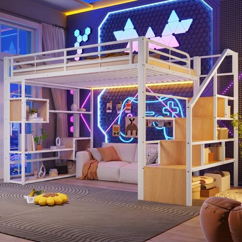 Lit mezzanine enfant 140x200cm en métal avec bande a LED,étagère de rangement,marche intégrée,barrières,échelle,cadre de lit superposé double,Blanc (1/5)