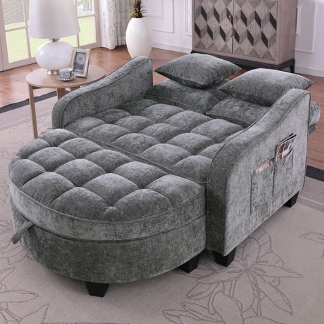 Canapé 2-en-1 multifonction avec pouf rangement intégré, tissu respirant, bois d'eucalyptus, gris foncé, assise moelleuse, parfait petit salon ou bureau domicile (1/5)