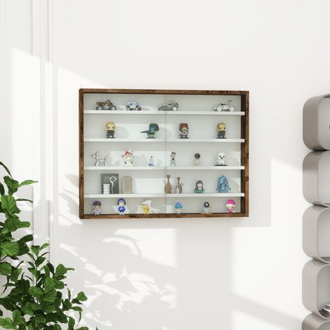 Vetrina a muro per oggetti da collezione, con 5 ripiani regolabili in altezza e 2 ante scorrevoli, 80 x 9,5 x 60 cm, marrone.