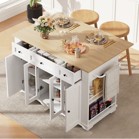 Isla Cocina 151,5x85/60x91,7 Cm Mdf Blanco Y Cristal Templado, Tablero Efecto Madera (1/5)
