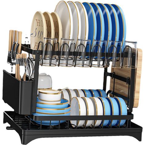 Égouttoir à vaisselle de comptoir en aluminium à 2 niveaux avec plateau égouttoir et porte-ustensiles pour une organisation optimale de la cuisine (noir) (1/5)