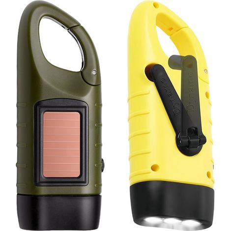 Lampe de poche à manivelle LED rechargeable : 2 pièces lampes de poche solaires dynamo avec mousqueton, mini lampe de poche portable avec manivelle et panneau solaire pour le camping en plein