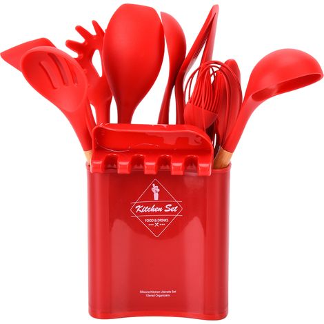 Ensemble de 13 ustensiles de cuisine en silicone avec manche en bois, spatule antiadhésive et pelle - Accessoires de cuisine rouges