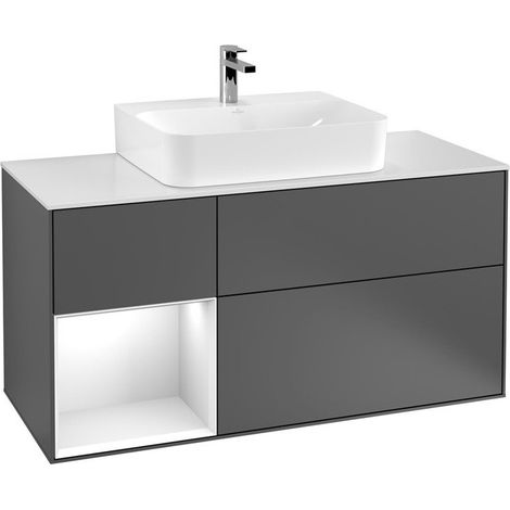 Finion, Muebles de baño, 1200 x 603 x 501 mm, Angular, con estantería (iluminada), modelo suspendido, En madera, lavabo en el medio, iluminación LED, 1x LED / 2.3W, 2700 K a 6480 K, Lacado Blanco Bril