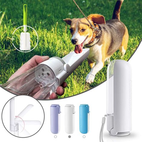 Gourde pour chien et chat de 420 ml, pliable à 180° et portable, avec goupillon de nettoyage, sans BPA et étanche, idéale pour les voyages, la randonnée et le camping (blanche). (1/5)