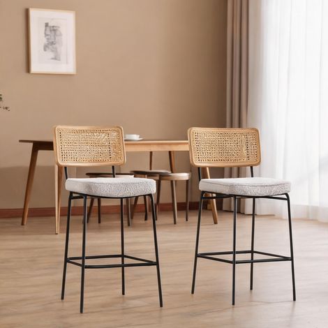 Tabouret de bar en tissu chénille beige avec dossier en bois (1/5)